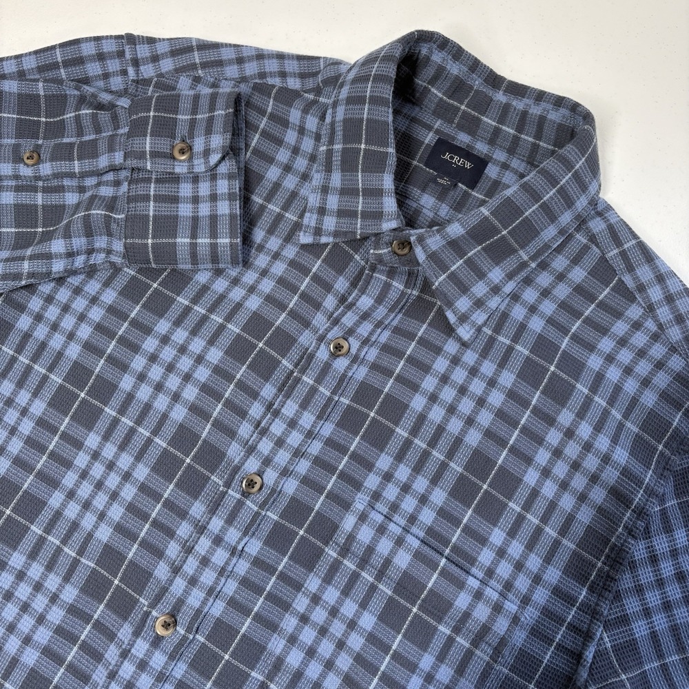 J Crew Mens Waffle Dobby Shirt Size M Blue Plaid Long Sleeve‎ Cotton Lumberjack